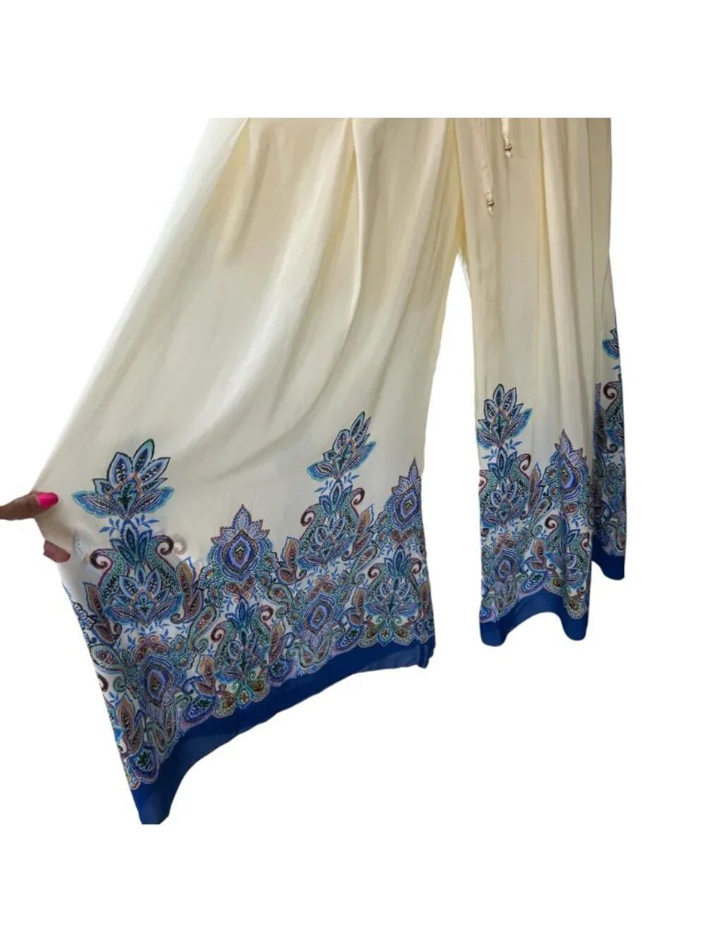 Johnny Was 100% Silk Elastic Waist Pleated Wide Leg Pant Cream Blue Size Medium - Picture 6 of 10